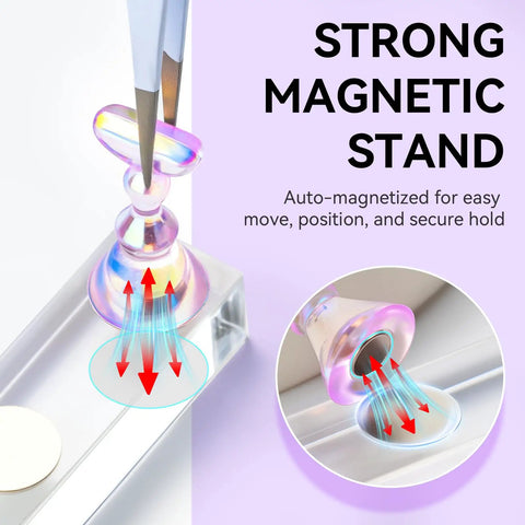 Holographic Nail Stand Kit For Press On Nails With Magnetic Holder, showing strong magnetic hold on a clear base