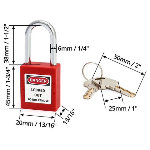 Red Lockout Tagout Safety Padlock Set Two Pack With Four Keys One Employee One Lock One Key Compliance Non Conductive Thermoplastic Construction Writable Label For Simple Tagout Safety, shown with measurements and two keys