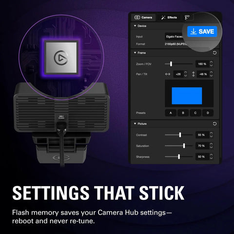 Settings interface of Smooth 4K Webcam With 60fps Streaming Speed And Sony Starvis Sensor showing customization features.