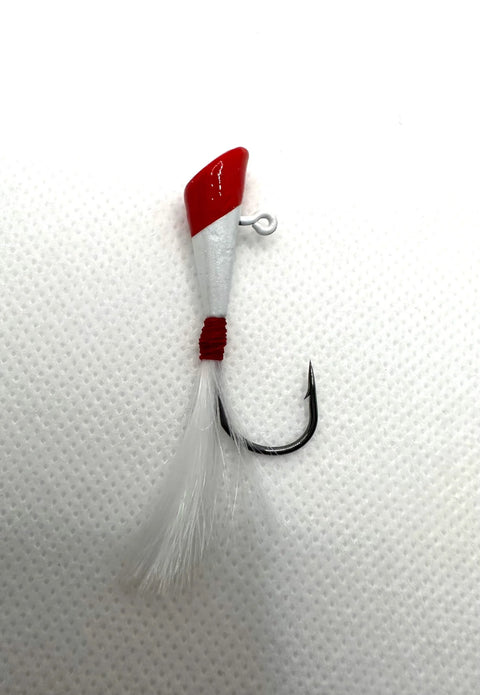 Single red and white bucktail jig from Assorted Darts Fishing Lures Kit With 1/4 Oz Bucktail Jigs, 25 Pack in 5 Colors.