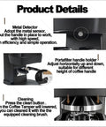 Automatic 58 MM Electric Espresso Tamper With Precision Pressure Dial And Height Adjustable Handle For No Sweat Cleanup and Next Level Barista Shots Right At Home showing metal detector details and portafilter holder.