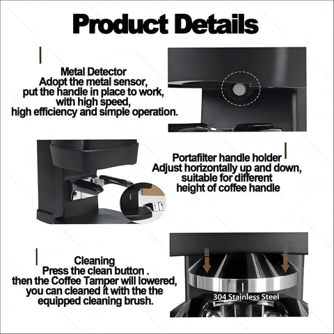 Automatic 58 MM Electric Espresso Tamper With Precision Pressure Dial And Height Adjustable Handle For No Sweat Cleanup and Next Level Barista Shots Right At Home showing metal detector details and portafilter holder.