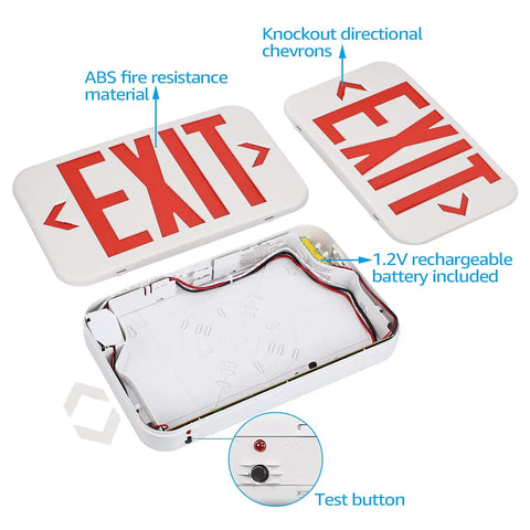 LED Emergency Exit Sign With Battery Backup Double Face Hardwired Red Exit Lights For Business Indoor Use UL 924 Approved AC 120 277V Damp Location Ready Low Maintenance Pack Of 2 showing ABS material and internal battery
