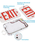 Components of LED Emergency Exit Light With Battery Backup, Double Face Red Letters, UL 924 Listed, showing wiring and test button.