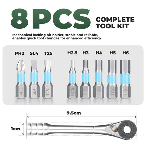 Portable Bike Repair Tool Kit with reversible ratcheting driver and 8 interchangeable bits, shown in complete tool kit view