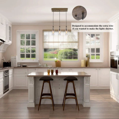 Three Light Wooden Pendant Light With Height Adjustable Clear Bottle Glass Shades over kitchen island in modern setting