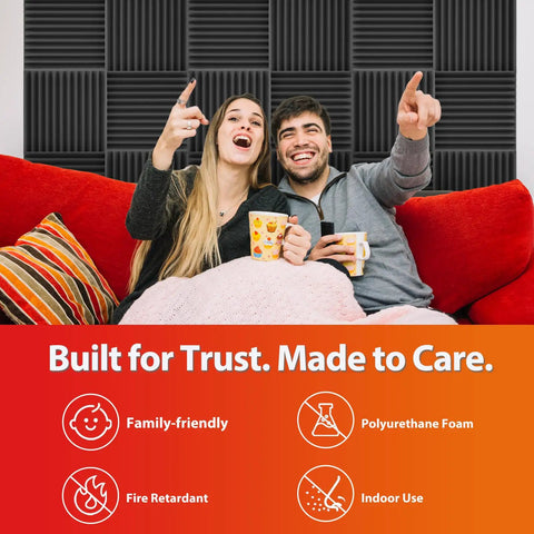 Couple sitting with drinks, 12 Pack Acoustic Foam Panels For Walls 12x12x1 High Density Wedge Foam in background, fire retardant black.