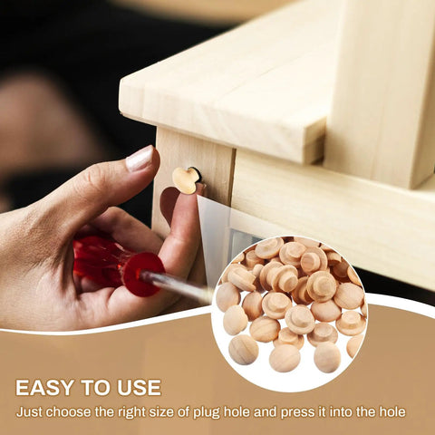 Hand applying 200 Pieces Wood Screw Hole Plugs Three Eighths Inch Mushroom Caps For Furniture Repair And D I Y Projects Natural Wood Button Plugs To Hide Holes Hardwood Wood Caps For Cabinets And Tables No Mess Quick Fix