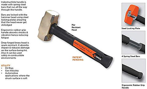 Brass Head Sledge Hammer With Indestructible 12-Inch Handle, 2.5 Lb Drop-Forged Spark-Resistant Head, Four Spring Steel Bars