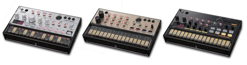 Three Volca Keys Analog Loop Synthesizers with Three Voice Polyphony and 27 Touch Keys, featuring various control panel designs.