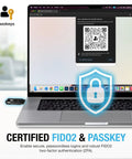 Top Tier FIDO2 Security Key And MFA Hardware Token With NFC Passkey for secure logins on laptop with QR code.