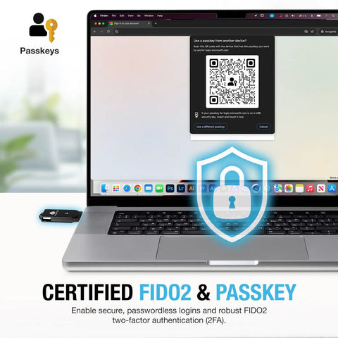 Top Tier FIDO2 Security Key And MFA Hardware Token With NFC Passkey for secure logins on laptop with QR code.