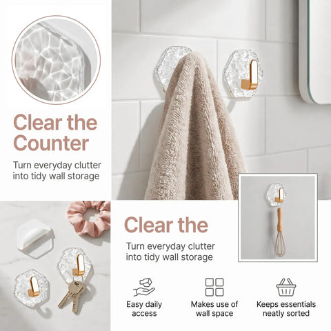 Water Ripple Hexagonal Adhesive Wall Hooks, Super Grippy No Drill Bathroom And Kitchen Organization System for hanging towel and keys.