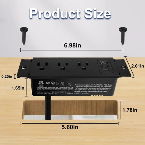 Drawer Outlet Kit With USB C USB A Ports And Three AC Outlets 5 Ft Power Cord dimensions and installation diagram
