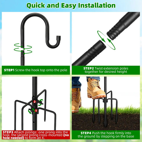 Installation steps of 62 Inch Outdoor Shepherds Hook With 5 Prong Base, showing assembly process and use in yard.