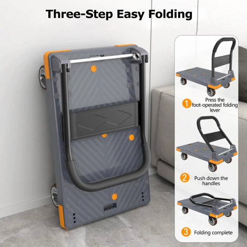Heavy Duty Four Wheel Platform Cart With 360 Degree Maneuverability And 660 Pound Capacity For Safe Transport Of Luggage And Packages Foldable Hand Truck With Anti Slip Deck For Stable Heavy Load Haul folded flat against wall