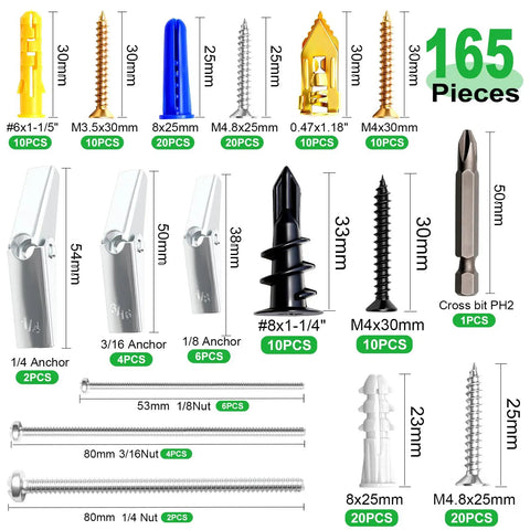 Drywall Anchors And Screws Kit 165Pcs With Heavy Duty Toggle Bolts 8 Sizes Metal And Plastic Anchors for brick, concrete, and wood