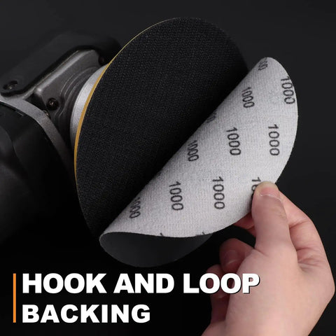 Hand demonstrating DIY Friendly 6 Inch Sanding Discs Set With 100 Pack Assorted Grit From 320 To 10000 Waterproof Hook And Loop attachment