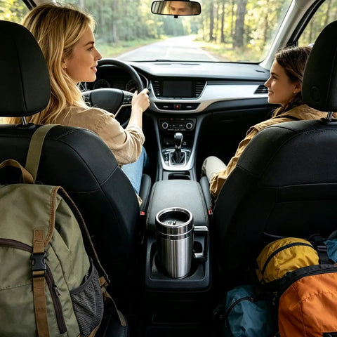 Two women in a car with a Portable 12V And 24V Car Kettle With Leakproof Stainless Steel Interior ready for road trip drinks.