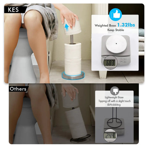 Freestanding Brushed Stainless Steel Toilet Paper Holder With Rock Solid Heavy Base Holds Three Rolls Anti Tip Bathroom Storage Stand with sturdy design.