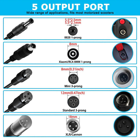 42V 2A Replacement Charger For 36V Li Ion Batteries 5 In 1 Universal Scooter Charger With Five DC Outputs Plug And Play No Fuss Power Adapter For E Scooters And E Bikes Compatible With Gotrax Jetson Swagtron Segway Razor Ninebot