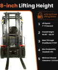 Front view of Electric Forklift A20 4,400 Lb Capacity, 118 Inch Lift Height with specifications listed on the side.
