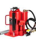 Front view of SPECSTAR 20-ton red pneumatic air-hydraulic bottle jack with manual pump and hoses