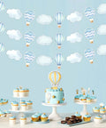 Blue Hot Air Balloon Party Decorations Set, 3 Hanging Garlands With Eight Pieces Each In Four Different Patterns, Adventure Awaits Theme For Baby Shower And Gender Reveal, Travel World Sky Cloud Plane Decor For Indoor Outdoor Use shown above dessert table.