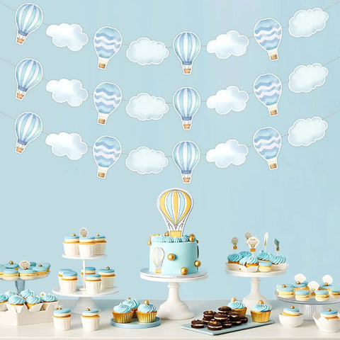 Blue Hot Air Balloon Party Decorations Set, 3 Hanging Garlands With Eight Pieces Each In Four Different Patterns, Adventure Awaits Theme For Baby Shower And Gender Reveal, Travel World Sky Cloud Plane Decor For Indoor Outdoor Use shown above dessert table.