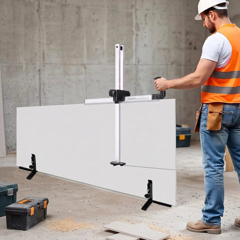 Worker using Foldable Drywall Cutter Pro Tool For On Site Pros And DIYers Use With Adjustable Blade And Metric And Imperial Scale