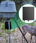 Heavy Duty 12V Battery Box Housing Built Tough For Deer Feeders And Gate Openers secured under feeder, weatherproof design in nature.