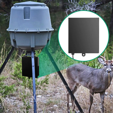 Heavy Duty 12V Battery Box Housing Built Tough For Deer Feeders And Gate Openers secured under feeder, weatherproof design in nature.