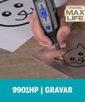 Person using the 9901HP One Eighth Inch Cylinder Tungsten Carbide Beefy Performance Rotary Carving Bit Titanium Nitride Coated for engraving a cat design on metal.