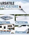 1 Roll EPDM Rubber Roofing Membrane 50 Mil Thick 39 By 15 Ft White Vulcanized Sheet shown on RV roof and parapet wall.