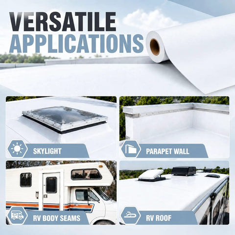 1 Roll EPDM Rubber Roofing Membrane 50 Mil Thick 39 By 15 Ft White Vulcanized Sheet shown on RV roof and parapet wall.
