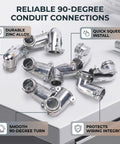 10 Piece 3/4 Inch Flexible Metal Conduit Elbow, 90 Degree Zinc Die Cast Squeeze Connector For AC MC Cables on a table.
