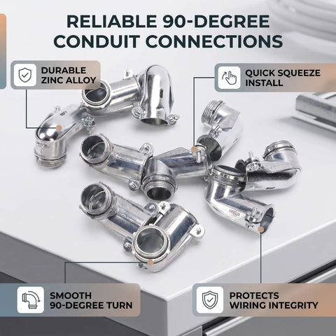10 Piece 3/4 Inch Flexible Metal Conduit Elbow, 90 Degree Zinc Die Cast Squeeze Connector For AC MC Cables on a table.