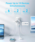 Ultra Thin 10 In 1 Outlet Extender Power Strip With Steady Surge Shield and A Low Profile Build That Presses Flat Against Walls, showing 6 AC outlets and 4 USB ports.