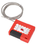 Beefy Heavy Duty Lockout Tagout Cable Lock Padlock With 1 Meter Stainless Steel Cable, red body with warning label.