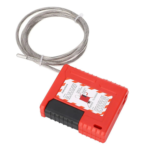 Beefy Heavy Duty Lockout Tagout Cable Lock Padlock With 1 Meter Stainless Steel Cable, red body with warning label.