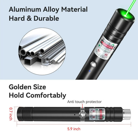 Rechargeable Green Laser Pointer High Power Beast Long Range Beam with aluminum body, non-slip grip, and battery indicator.