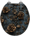 Toilet Seat Round Resin for Bathroom with bronze rose design on dark background, decorative, fits standard sizes.