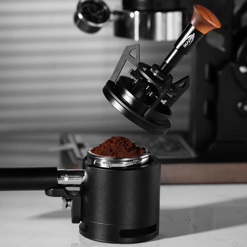 Level Up Your Daily Grind With This Legit Espresso Wdt Tool, Packed With A Flexible 54Mm Stirrer, Adjustable Ten Needle Distributor, Smart Dosing Funnel, Sturdy Stand, And Pro Barista Finish For Smooth Extractions. Close-up of 54mm espresso WDT tool over ground coffee in portafilter.