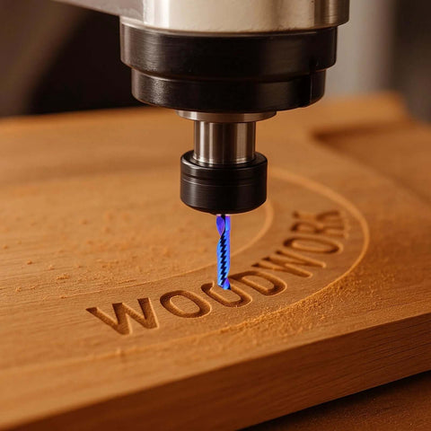 CNC router bit with 1/4 inch shank, blue spiral single-flute end mill cutting wood.