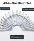 Aluminum Blind Rivet Kit With 166 Pieces In 11 Sizes From 1/8 Inch To 3/16 Inch arranged in a fan-like display