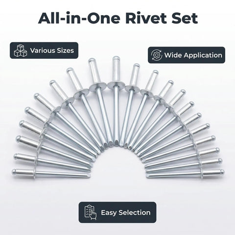 Aluminum Blind Rivet Kit With 166 Pieces In 11 Sizes From 1/8 Inch To 3/16 Inch arranged in a fan-like display
