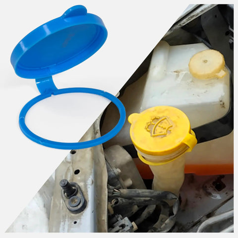 Nissan Windshield Washer Fluid Reservoir Cap Replacement Fits Rogue Sentra Maxima Pathfinder 240SX Infiniti I30 I35 J30 QX4 1987 To 2023 Blue 55mm Neck Opening Leak Proof Easy Fit, illustrated with a detached cap and engine view.