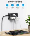 Power Strip Surge Protector With USB Ports, Wall Mountable, 5ft Cord, 9-Device Charging, 5 Grounded Outlets Plus 2 USB-A and 2 USB-C Ports, ETL Listed for Safe, High-Value Home Office, Entertainment, and Studio Setup mounted on wall