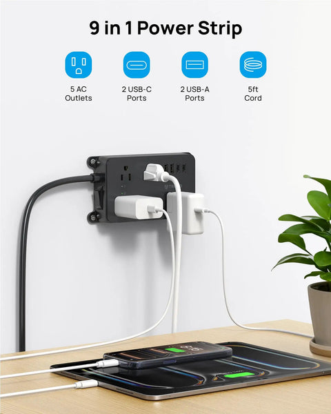 Power Strip Surge Protector With USB Ports, Wall Mountable, 5ft Cord, 9-Device Charging, 5 Grounded Outlets Plus 2 USB-A and 2 USB-C Ports, ETL Listed for Safe, High-Value Home Office, Entertainment, and Studio Setup mounted on wall