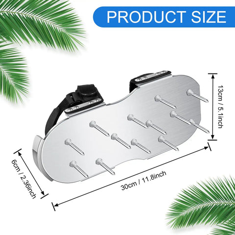 Super Easy Manual Lawn Aerator Shoes With Aluminum Soleplate And Stainless Steel Spikes For Quick Yard Aeration shown with size dimensions